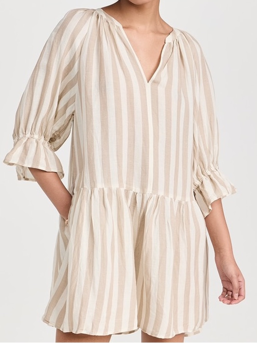 NWT Velvet Neutral Striped Peasant Linen Dress in Beige and Cream - Size M